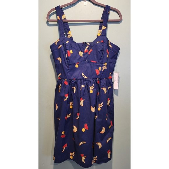 New Modcloth Peace Of Mind Sunshine Fit & Flare Sundress  Navy Fruit Banana Sz L - Picture 1 of 10